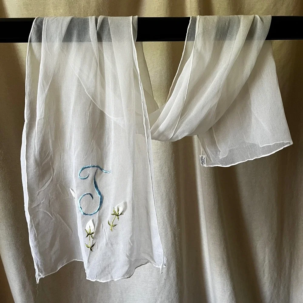 Vintage Bridal Scarf White Sheer Rayon Floral Embroidered Japan‎ 15x50